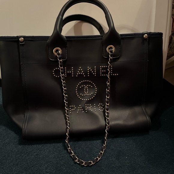 Handbags - INSPIRED Navy Blue Leather Tote with Chain Handles